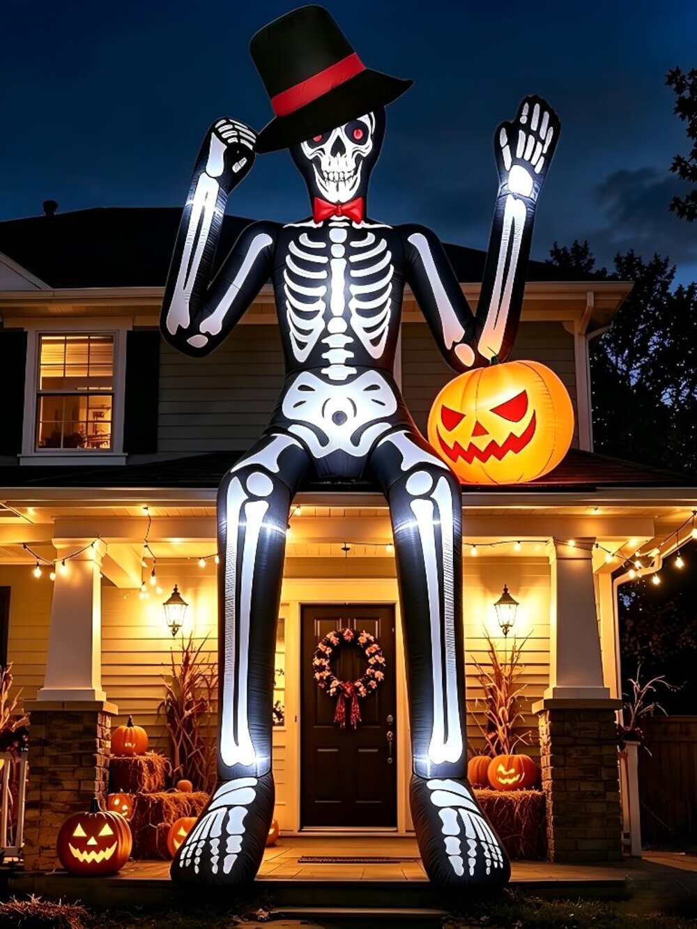 12FT Halloween Inflatables Giant Sitting Skeleton with Pumpkin
